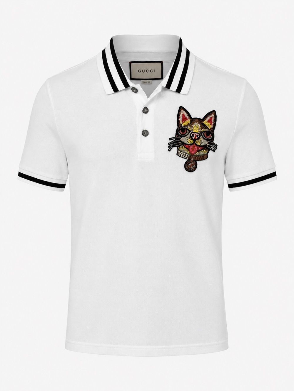 Gucci Dog Cat Patch Polo Shirt White Black Stripe Rare Alessandro Michele Size S